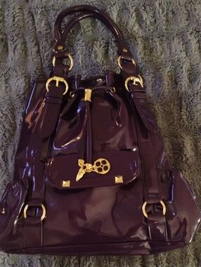 Iman Purple Patent Leather Tote Bag with Gold Hardware